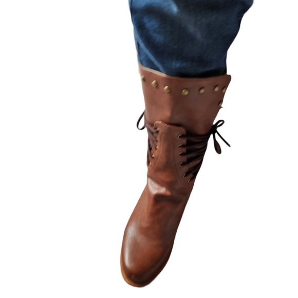 Women Brown Tan Leather Strappy Tie Back Zipper Studded Winter Boot/CN 38/US 7 - Picture 8 of 16